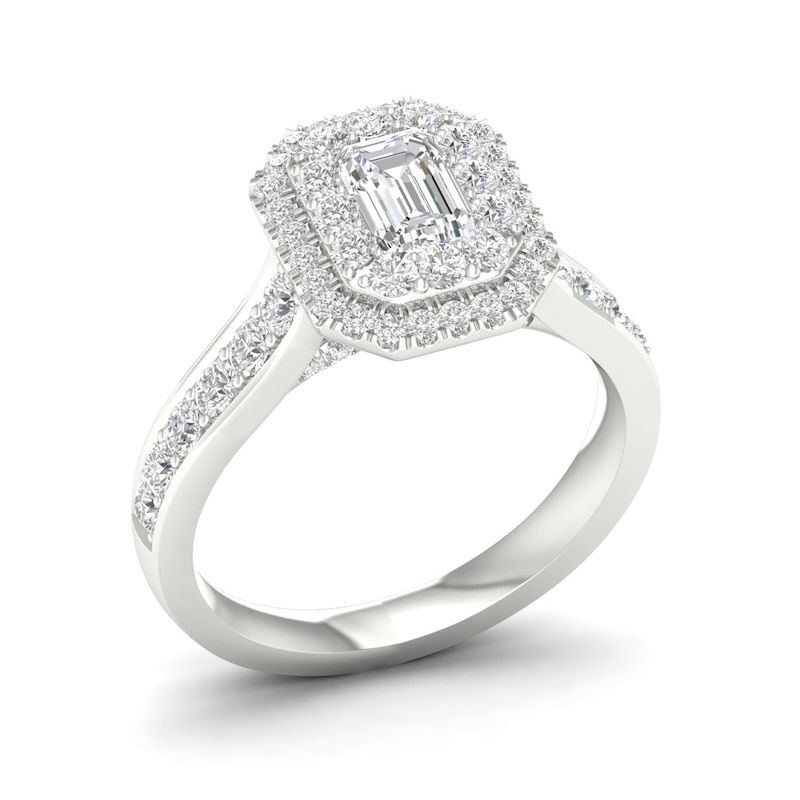 Main Image 3 of Trouvaille Collection 1-1/2 CT. T.W. DeBeers®-Graded Emerald-Cut Diamond Frame Engagement Ring in Platinum (F/SI2)