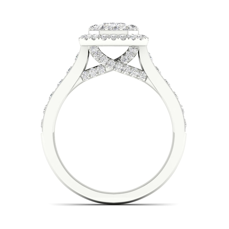 Main Image 5 of Trouvaille Collection 1-1/2 CT. T.W. DeBeers®-Graded Emerald-Cut Diamond Frame Engagement Ring in Platinum (F/SI2)