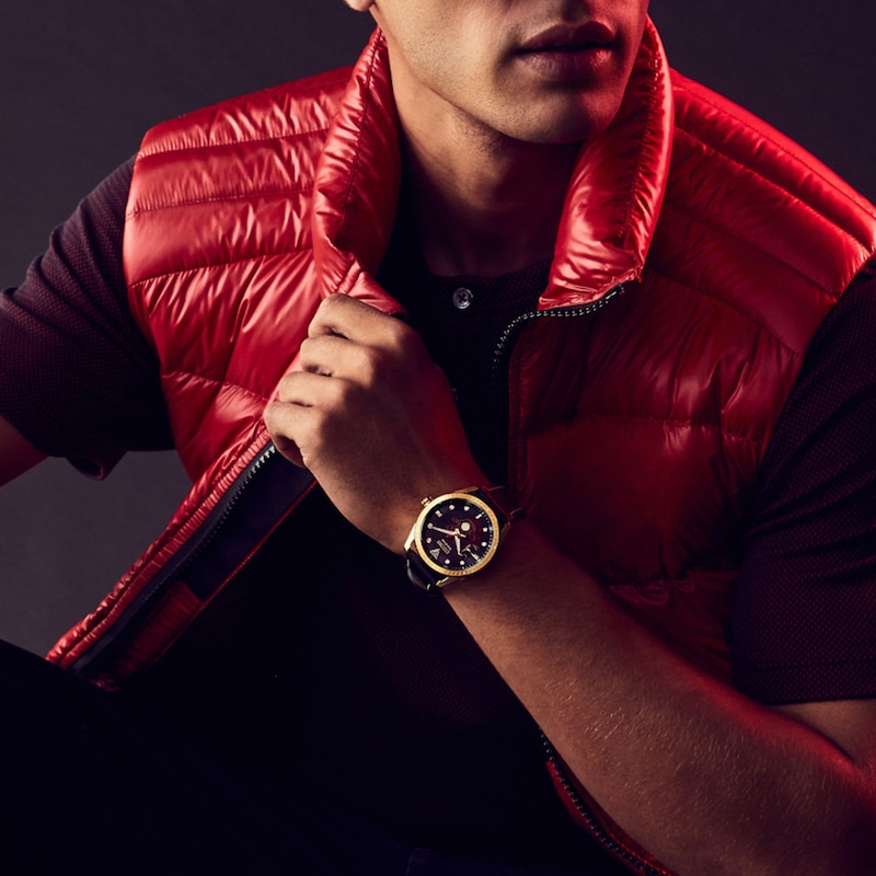 Main Image 6 of Men's Citizen Eco-Drive® Tony Stark Gold-Tone Strap Watch with Black Dial (Model: BM6992-09W)