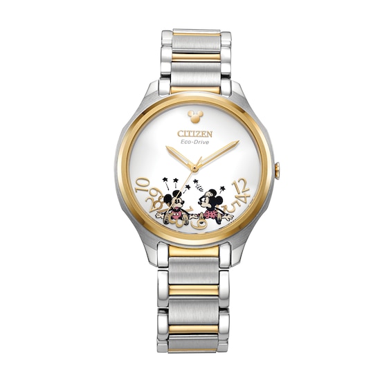 Ladies' Citizen Eco-Drive® Mickey & Minnie Mouse Two-Tone Watch with Silver-Tone Dial (Model: EM0754-59W)