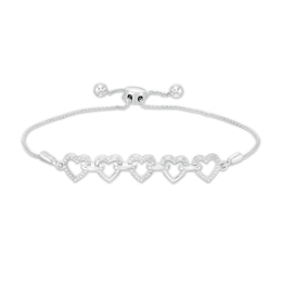 Diamond Accent Alternating Heart Link Bolo Bracelet in Sterling Silver – 9.5&quot;
