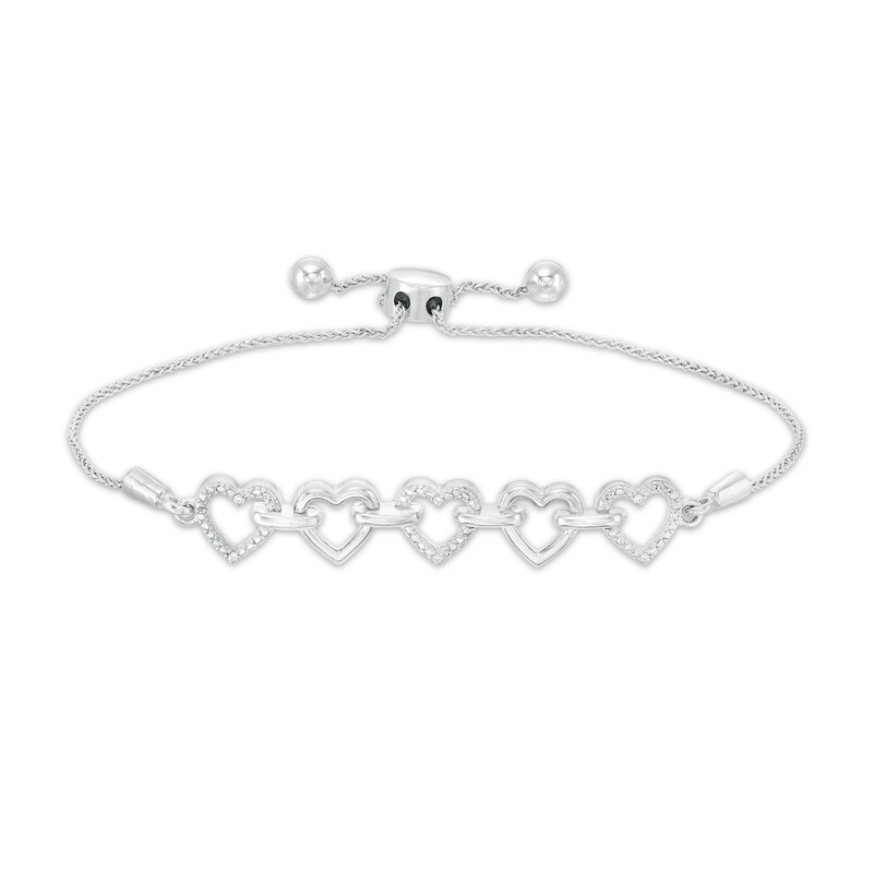 Diamond Accent Alternating Heart Link Bolo Bracelet in Sterling Silver – 9.5"