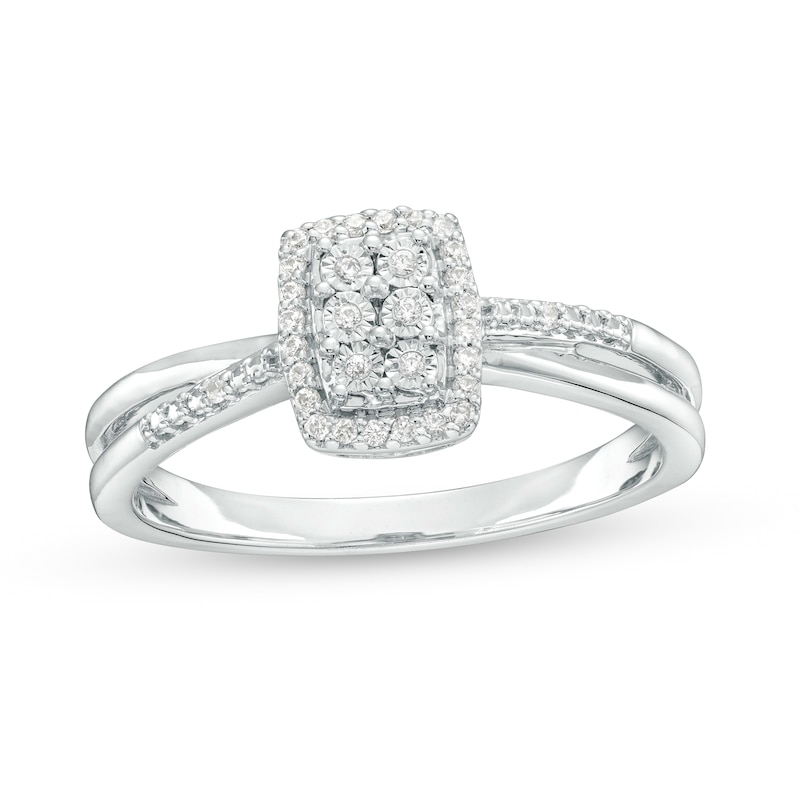 Main Image 1 of 1/10 CT. T.W. Emerald-Shaped Multi-Diamond Frame Split Shank Promise Ring in Sterling Silver