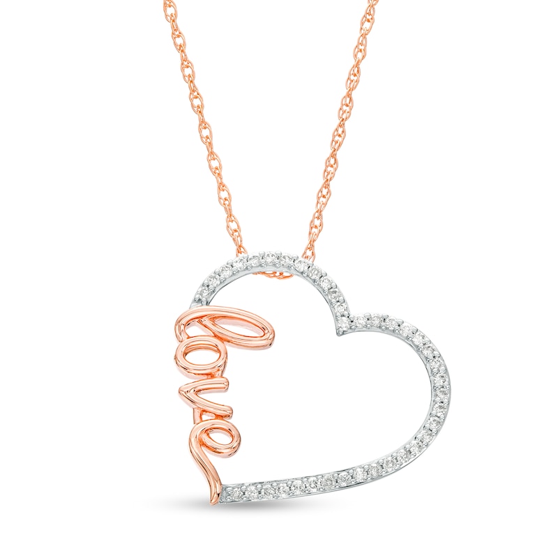 Main Image 1 of 1/5 CT. T.W. Diamond Cursive Script "love" Tilted Heart Pendant in 10K Rose Gold
