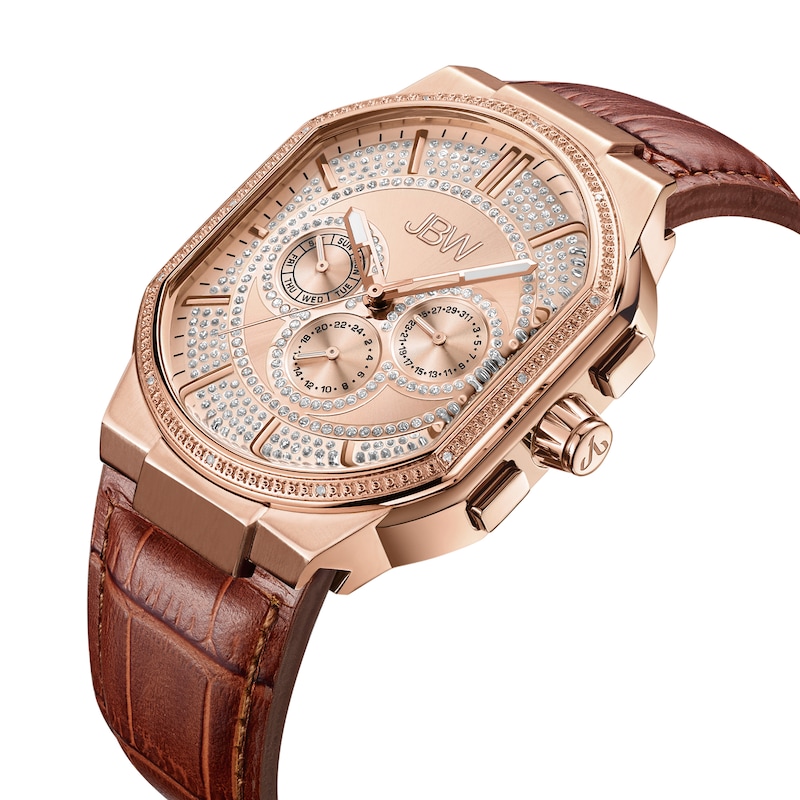 Main Image 2 of Men's JBW Orion 1/8 CT. T.W. Diamond and Crystal Accent 18K Rose Gold Plate Chronograph Strap Watch (Model: J6342C)