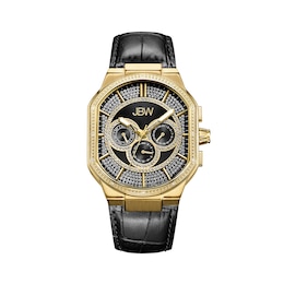 Men's JBW Orion 1/8 CT. T.W. Diamond and Crystal Accent 18K Gold Plate Chronograph Black Strap Watch (Model: J6342E)
