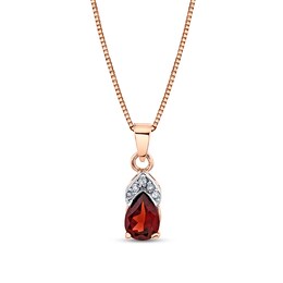Pear-Shaped Garnet and 1/20 CT. T.W. Diamond Flame Drop Pendant in 14K Rose Gold