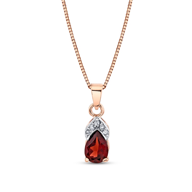 Main Image 1 of Pear-Shaped Garnet and 1/20 CT. T.W. Diamond Flame Drop Pendant in 14K Rose Gold