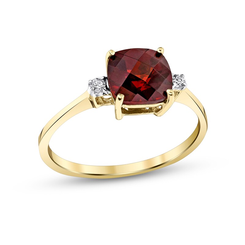 Main Image 1 of 7.0mm Checkerboard Cushion-Cut Garnet and 1/20 CT. T.W. Diamond Ring in 14K Gold