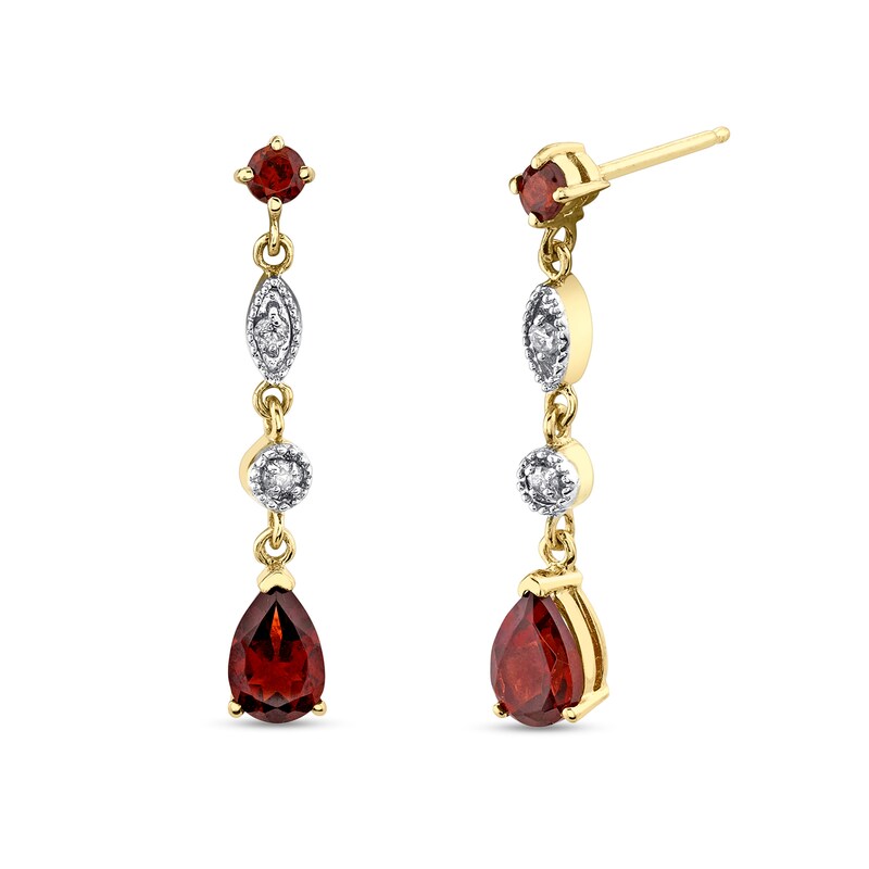 Main Image 1 of Pear-Shaped Garnet and 1/20 CT. T.W. Diamond Art Deco Linear Drop Earrings in 14K Gold