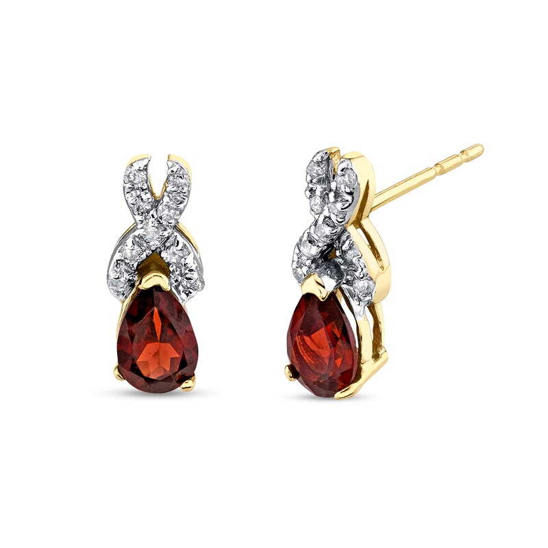 Main Image 1 of Pear-Shaped Garnet and 1/8 CT. T.W. Diamond Infinity Stud Earrings in 14K Gold