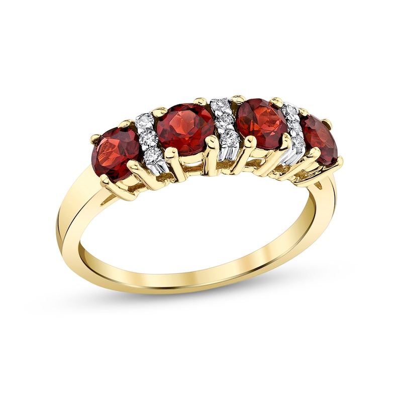 Main Image 1 of 4.0mm Garnet and 1/10 CT. T.W. Diamond Trio Alternating Four Stone Band in 14K Gold