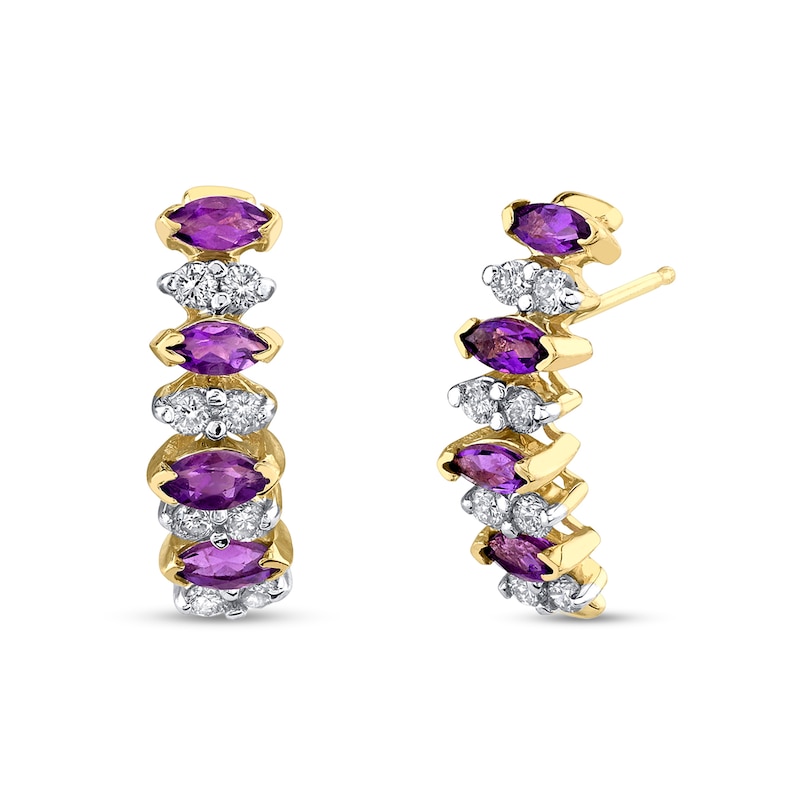 Marquise Amethyst and 1/4 CT. T.W. Diamond Duo Alternating Four Stone J-Hoop Earrings in 14K Gold