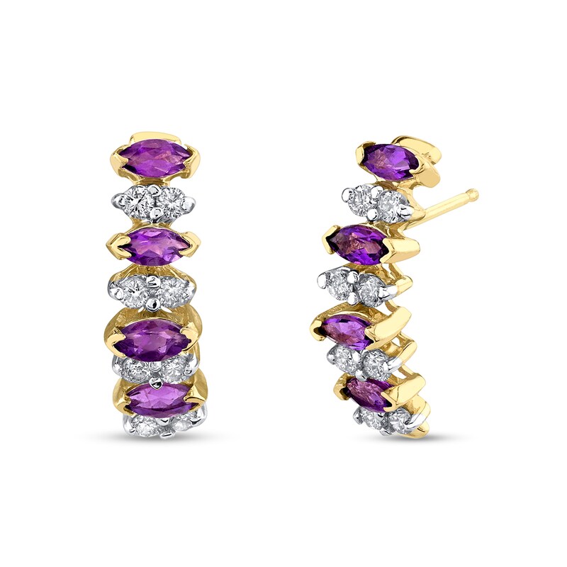 Main Image 1 of Marquise Amethyst and 1/4 CT. T.W. Diamond Duo Alternating Four Stone J-Hoop Earrings in 14K Gold