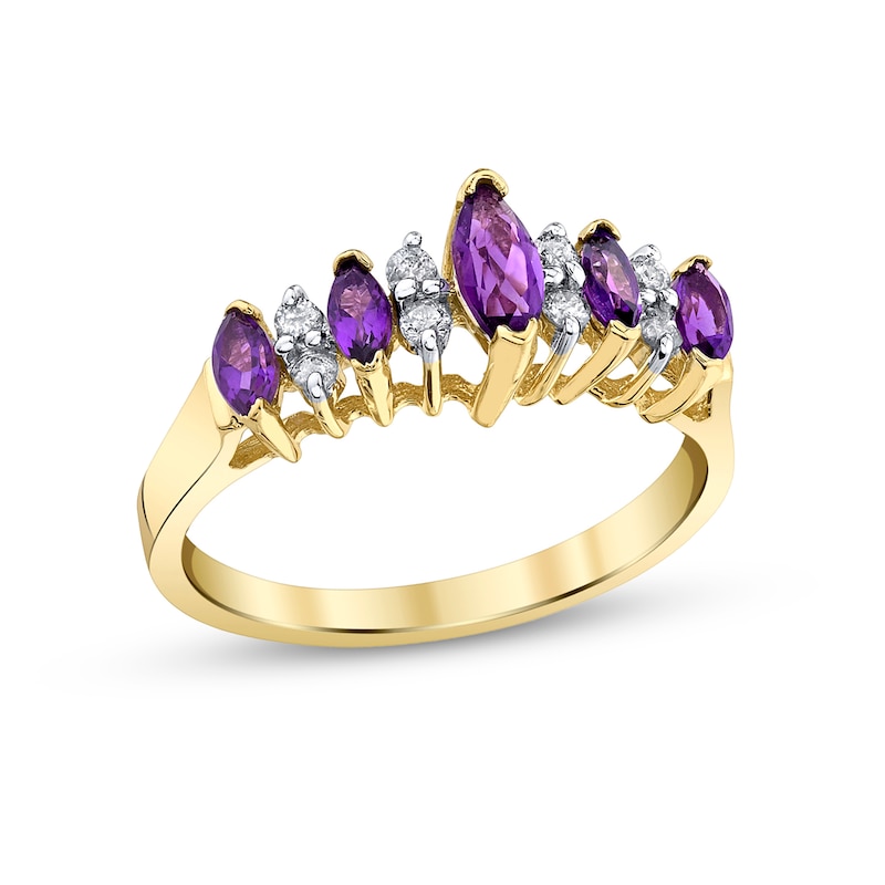 Main Image 1 of Marquise Amethyst and 1/8 CT. T.W. Diamond Duo Alternating Five Stone Ring in 14K Gold