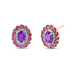 Oval Purple Amethyst, Rhodolite Garnet and 1/4 CT. T.W. Diamond Double Frame Stud Earrings in 14K Rose Gold