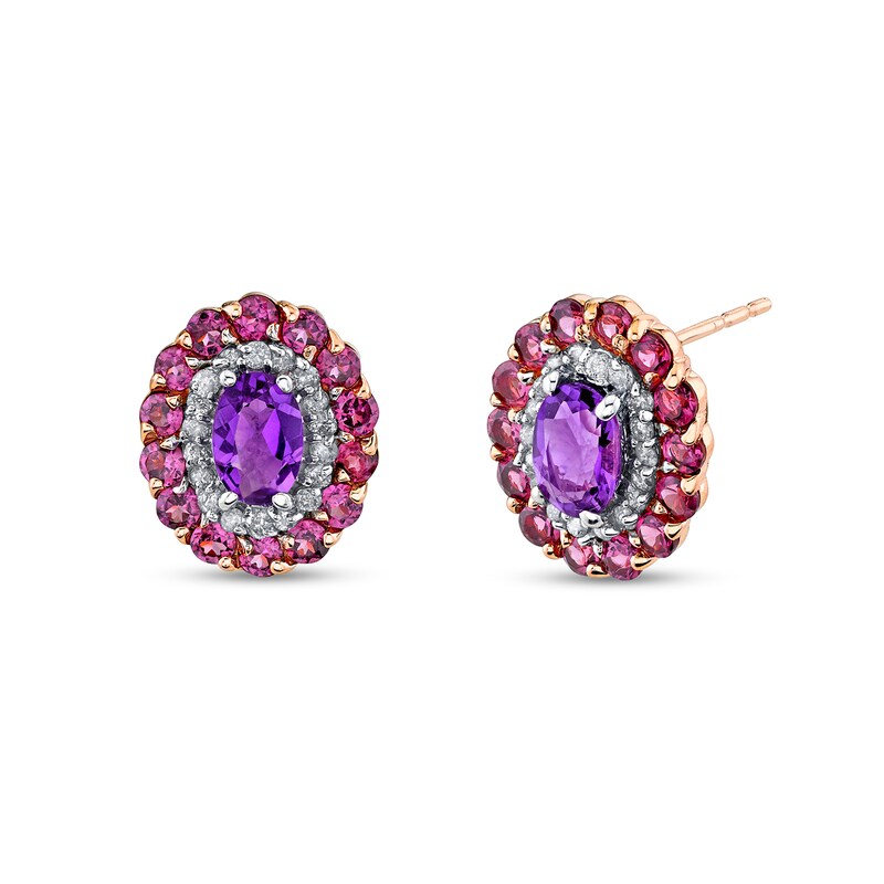 Main Image 1 of Oval Purple Amethyst, Rhodolite Garnet and 1/4 CT. T.W. Diamond Double Frame Stud Earrings in 14K Rose Gold