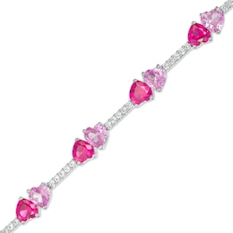 5.0mm Lab-Created Ruby, Pink and White Lab-Created Sapphire Mirrored Hearts Station Bracelet in Sterling Silver - 7.5&quot;