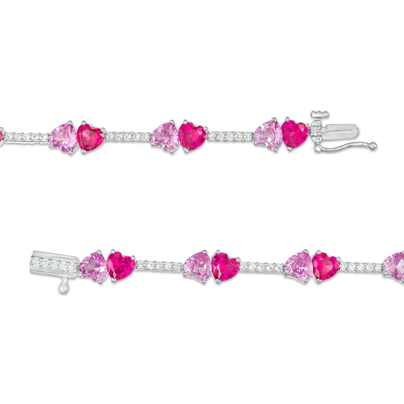 Main Image 3 of 5.0mm Lab-Created Ruby, Pink and White Lab-Created Sapphire Mirrored Hearts Station Bracelet in Sterling Silver - 7.5"