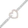 Thumbnail Image 0 of White Lab-Created Sapphire Line Bracelet with Heart Outline Fold-Over Clasp in Sterling Silver and 18K Rose Gold Plate