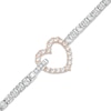 Thumbnail Image 1 of White Lab-Created Sapphire Line Bracelet with Heart Outline Fold-Over Clasp in Sterling Silver and 18K Rose Gold Plate