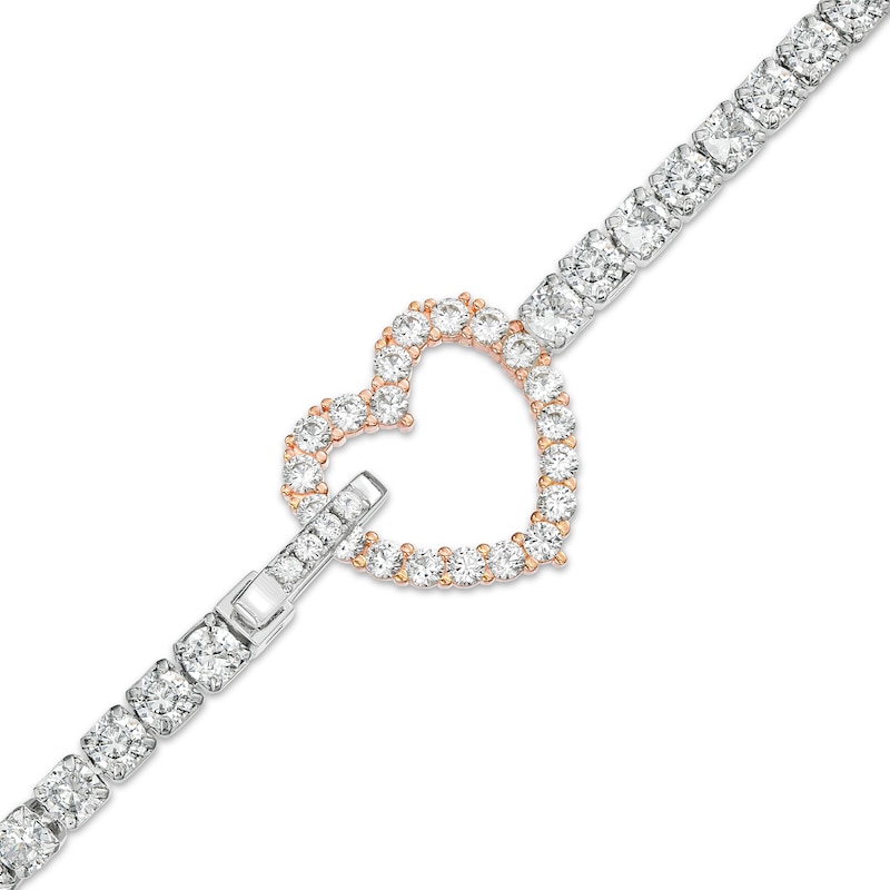 White Lab-Created Sapphire Line Bracelet with Heart Outline Fold-Over Clasp in Sterling Silver and 18K Rose Gold Plate