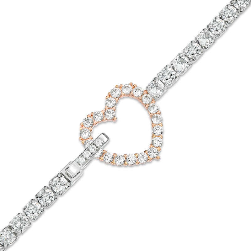 Main Image 1 of White Lab-Created Sapphire Line Bracelet with Heart Outline Fold-Over Clasp in Sterling Silver and 18K Rose Gold Plate