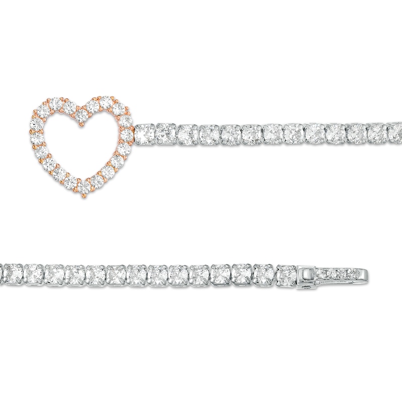 White Lab-Created Sapphire Line Bracelet with Heart Outline Fold-Over Clasp in Sterling Silver and 18K Rose Gold Plate