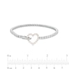 Thumbnail Image 3 of White Lab-Created Sapphire Line Bracelet with Heart Outline Fold-Over Clasp in Sterling Silver and 18K Rose Gold Plate