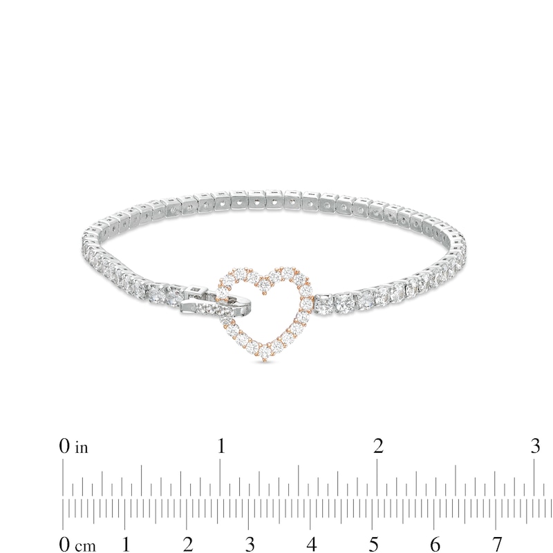 White Lab-Created Sapphire Line Bracelet with Heart Outline Fold-Over Clasp in Sterling Silver and 18K Rose Gold Plate