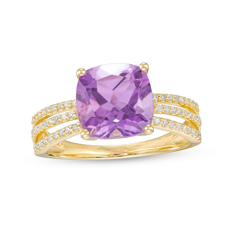 Main Image 1 of 9.0mm Cushion-Cut Amethyst and 1/5 CT. T.W. Diamond Triple Row Split Shank Ring in 10K Gold