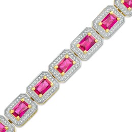 Sideways Octagonal Lab-Created Ruby Bead Frame Line Bracelet in Sterling Silver and 10K Gold Plate - 7.25&quot;