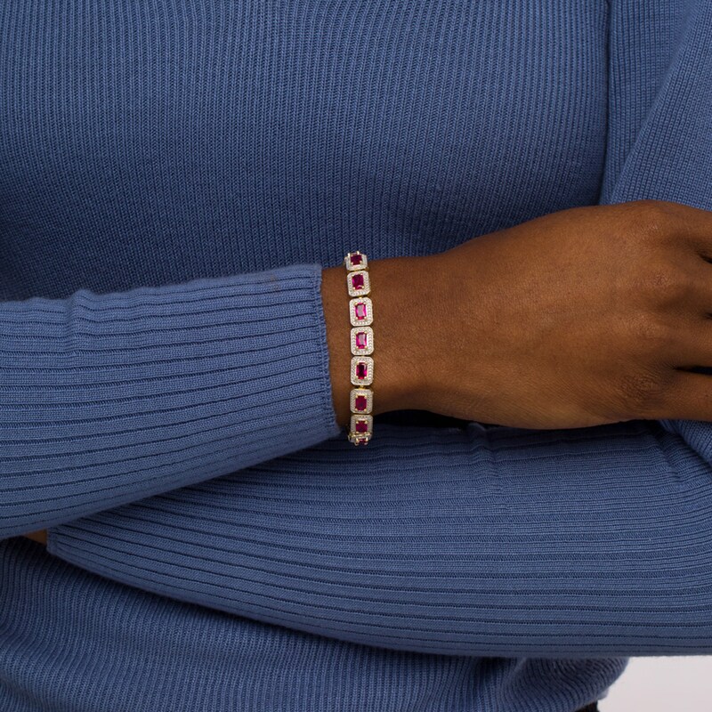 Main Image 2 of Sideways Octagonal Lab-Created Ruby Bead Frame Line Bracelet in Sterling Silver and 10K Gold Plate - 7.25"