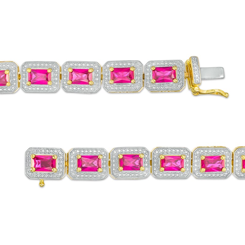 Main Image 3 of Sideways Octagonal Lab-Created Ruby Bead Frame Line Bracelet in Sterling Silver and 10K Gold Plate - 7.25"