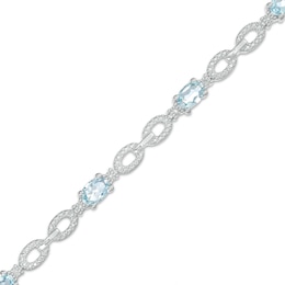 Oval Aquamarine and Diamond Accent Beaded Link Duo Alternating Line Bracelet in Sterling Silver - 7.25&quot;