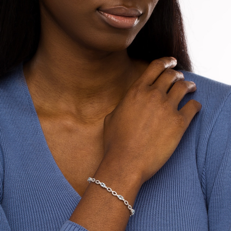 Main Image 2 of Oval Aquamarine and Diamond Accent Beaded Link Duo Alternating Line Bracelet in Sterling Silver - 7.25"