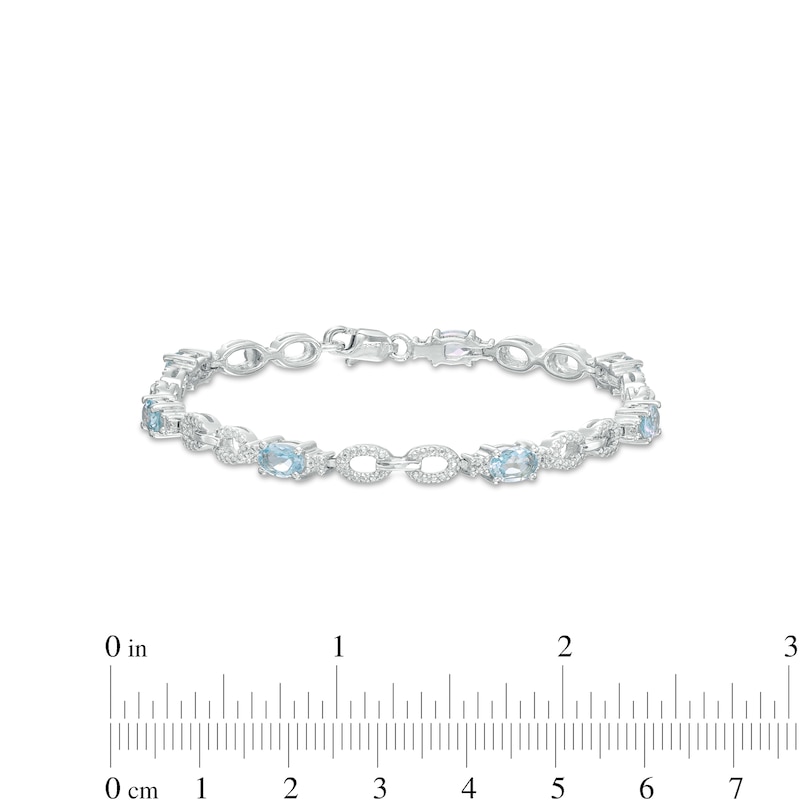 Main Image 4 of Oval Aquamarine and Diamond Accent Beaded Link Duo Alternating Line Bracelet in Sterling Silver - 7.25"