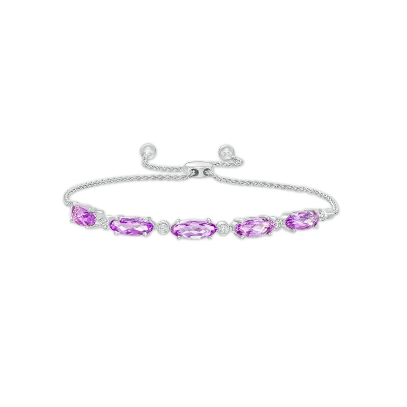 Main Image 1 of Oval Amethyst and White Lab-Created Sapphire Five Stone Bolo Bracelet in Sterling Silver - 9.5"