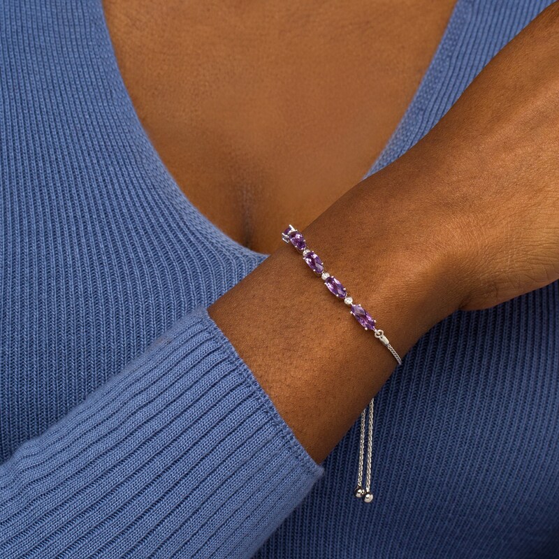 Main Image 2 of Oval Amethyst and White Lab-Created Sapphire Five Stone Bolo Bracelet in Sterling Silver - 9.5"