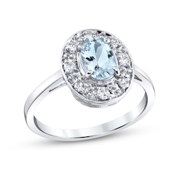 Oval Aquamarine and 1/5 CT. T.W. Diamond Frame Ring in 14K White Gold