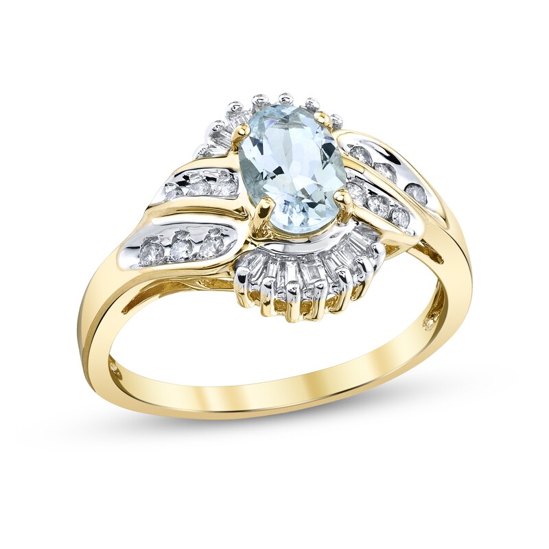 Main Image 1 of Oval Aquamarine and 1/3 CT. T.W. Baguette and Round Diamond Frame Double Bypass Ring in 14K Gold