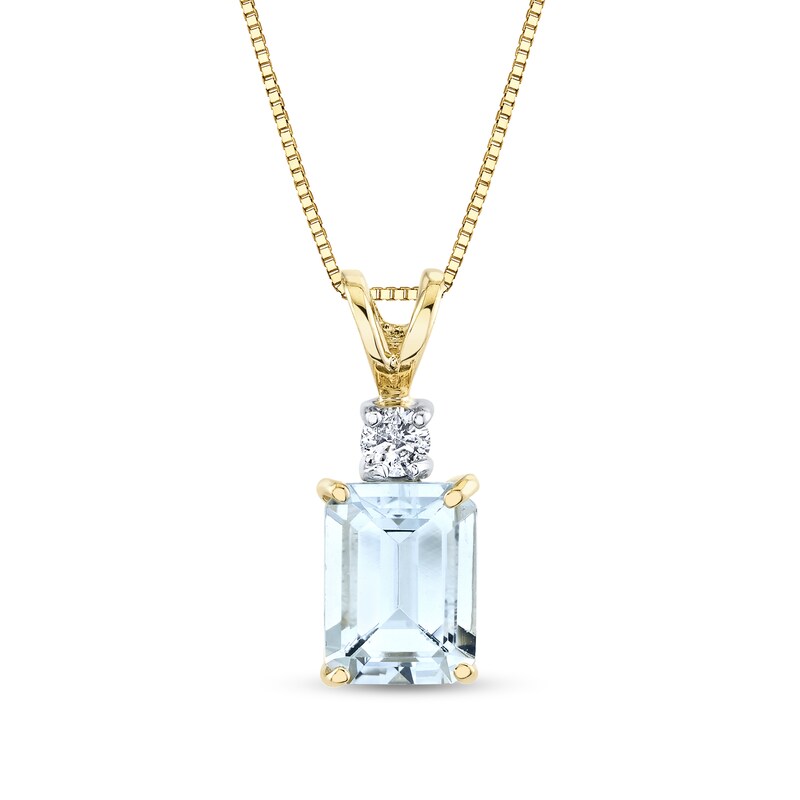 Main Image 1 of Emerald-Cut Aquamarine and 1/15 CT. T.W. Diamond Drop Pendant in 14K Gold