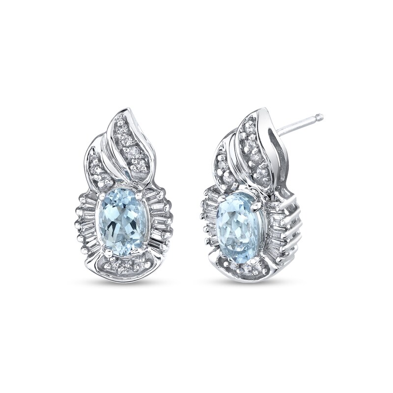 Main Image 1 of Oval Aquamarine and 1/3 CT. T.W. Baguette and Round Diamond Frame Flame Stud Earrings in 14K White Gold