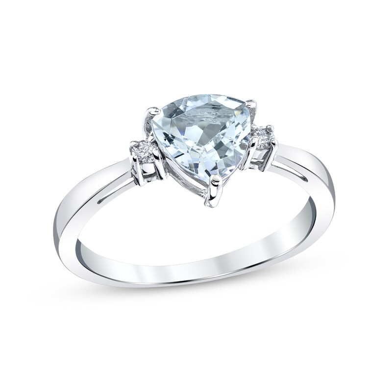 Main Image 1 of 7.0mm Trillion-Cut Aquamarine and 1/20 CT. T.W. Diamond Side Accent Ring in 14K White Gold