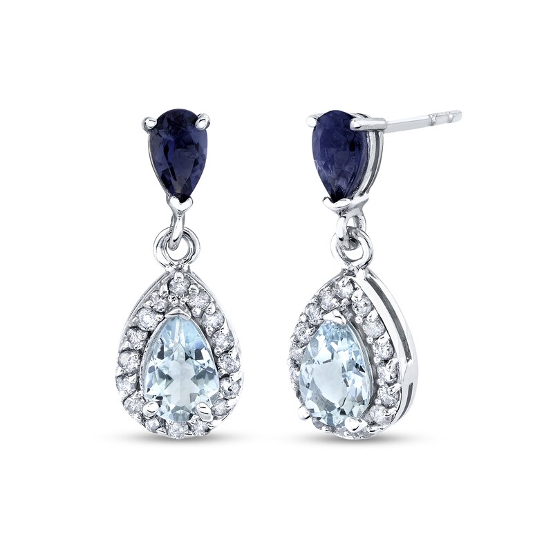 Main Image 1 of Pear-Shaped Aquamarine, Iolite and 1/4 CT. T.W. Diamond Frame Double Drop Earrings in 14K White Gold