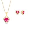 Thumbnail Image 0 of Heart-Shaped Lab-Created Ruby and White Lab-Created Sapphire Shadow Frame Pendant and Stud Earrings Set in 10K Gold