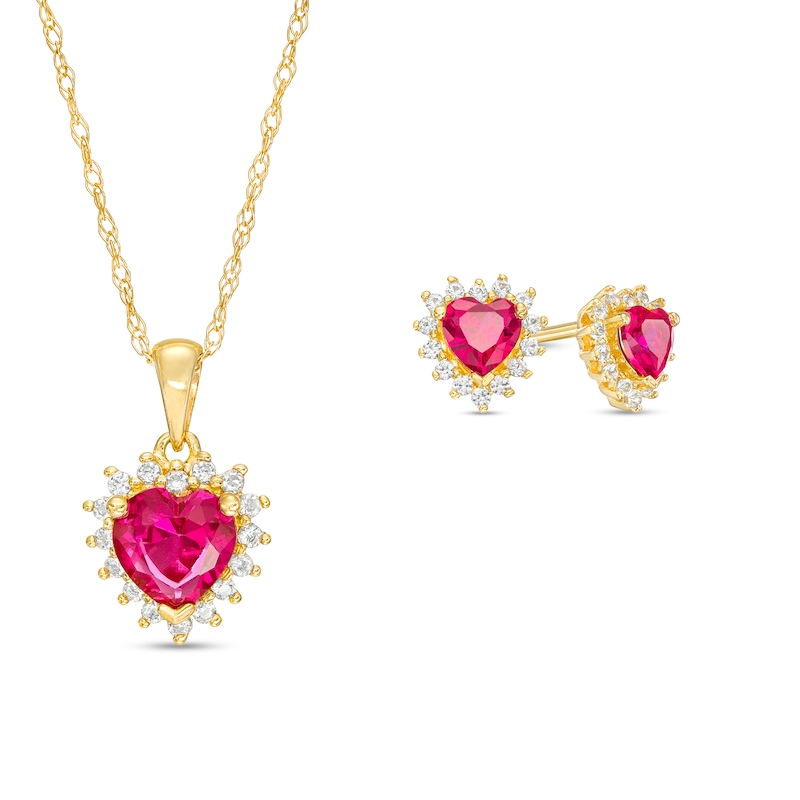 Main Image 1 of Heart-Shaped Lab-Created Ruby and White Lab-Created Sapphire Shadow Frame Pendant and Stud Earrings Set in 10K Gold