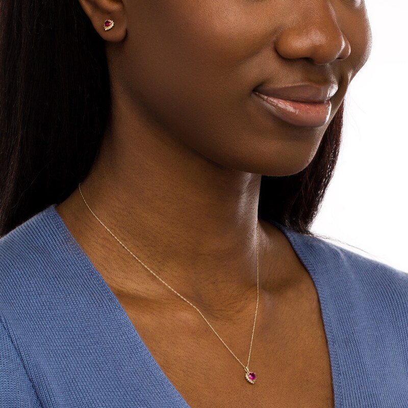 Main Image 2 of Heart-Shaped Lab-Created Ruby and White Lab-Created Sapphire Shadow Frame Pendant and Stud Earrings Set in 10K Gold