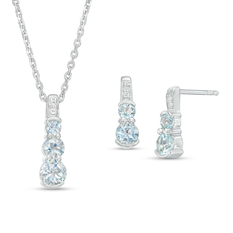 Main Image 1 of Aquamarine and White Lab-Created Sapphire Graduated Tier Drop Pendant and Drop Earrings Set in Sterling Silver
