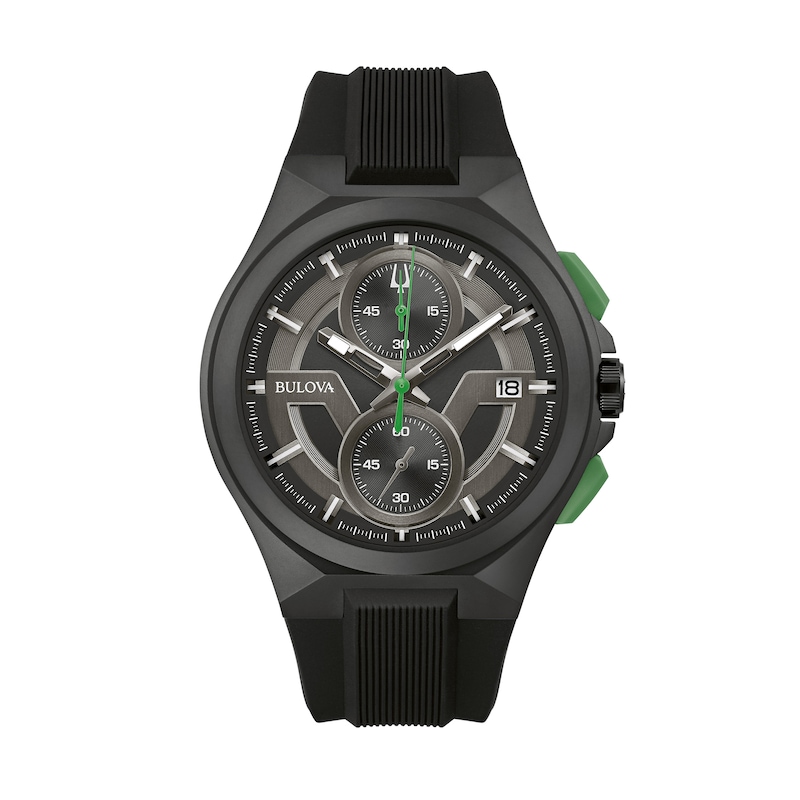 Main Image 1 of Men's Bulova Maquina Black IP Chronograph Black Strap Watch with Black Dial (Model: 98B381)